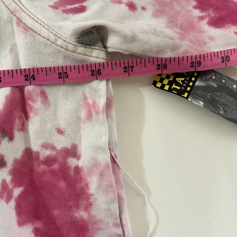 TAXI Cropped Jacket Pink Women's‎ 2X Tie Dye Retro Denim Distressed Tassle Art